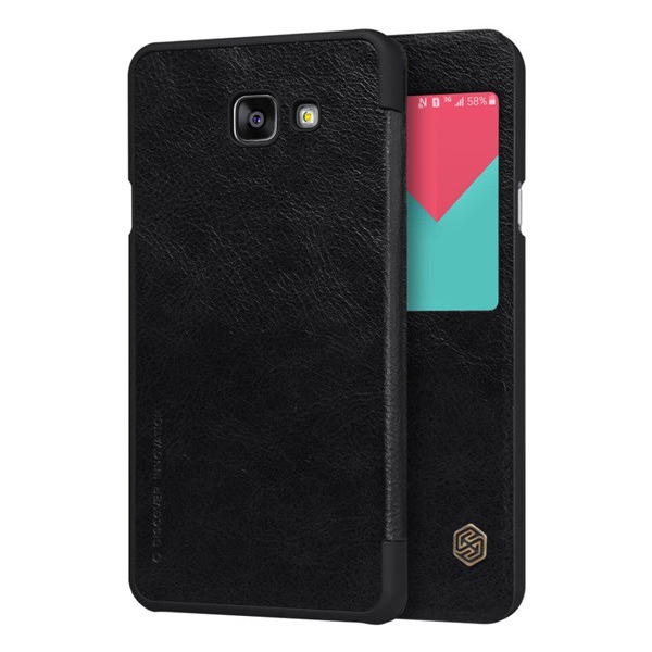 NILLKIN QIN tok álló, bőr hatású (aktív FLIP, oldalra nyíló, S-View Cover) FEKETE [Samsung Galaxy A5 (2016) SM-A510F] (5996457624683)