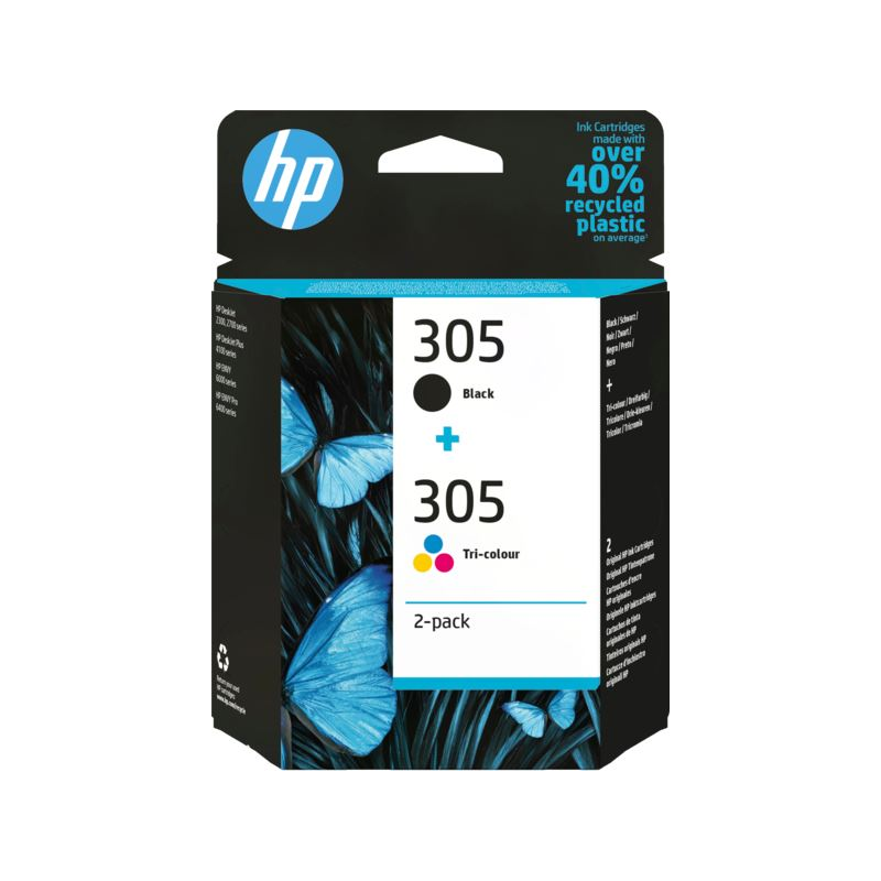 HP 305 2-Pack Tri-color/Black Original Ink Cartridge inkoustová náplň 2 kusů Standardní výtěžnost Černá, Azurová, Purpurová, Žlutá (6ZD17AE)