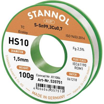 Forrasztóhuzal, ólommentes forrasztó ón Sn99,3Cu0,7 1,5mm Stannol HS10 2510 (631911)