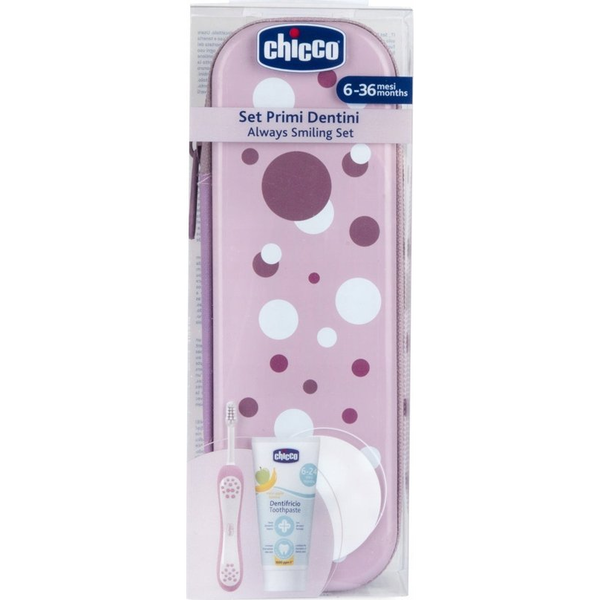 CHICCO Fogkefe És Fogkrém Szett Tokban Always Smiling - Lilac, 6m+