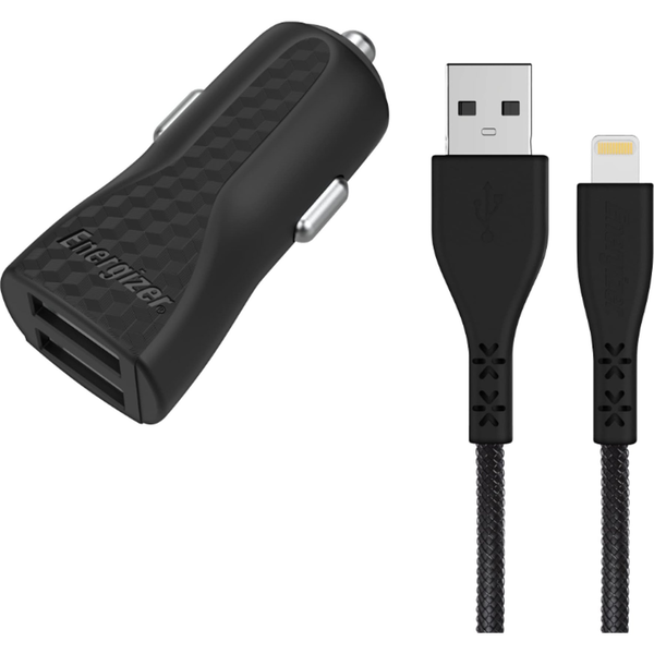 Energizer LifeTime Autós töltő, 3.4Am 2 x USB, tartozék Lightning kábel, 1.2 m, Fekete