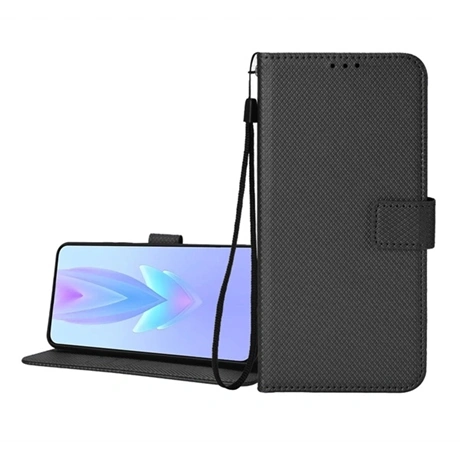 Tok álló, bőr hatású (FLIP, oldalra nyíló, asztali tartó, rombusz + kézpánt) FEKETE Infinix Hot 50 Pro 4G (X6881) "Gigapack csomagolás" (GP-167259)