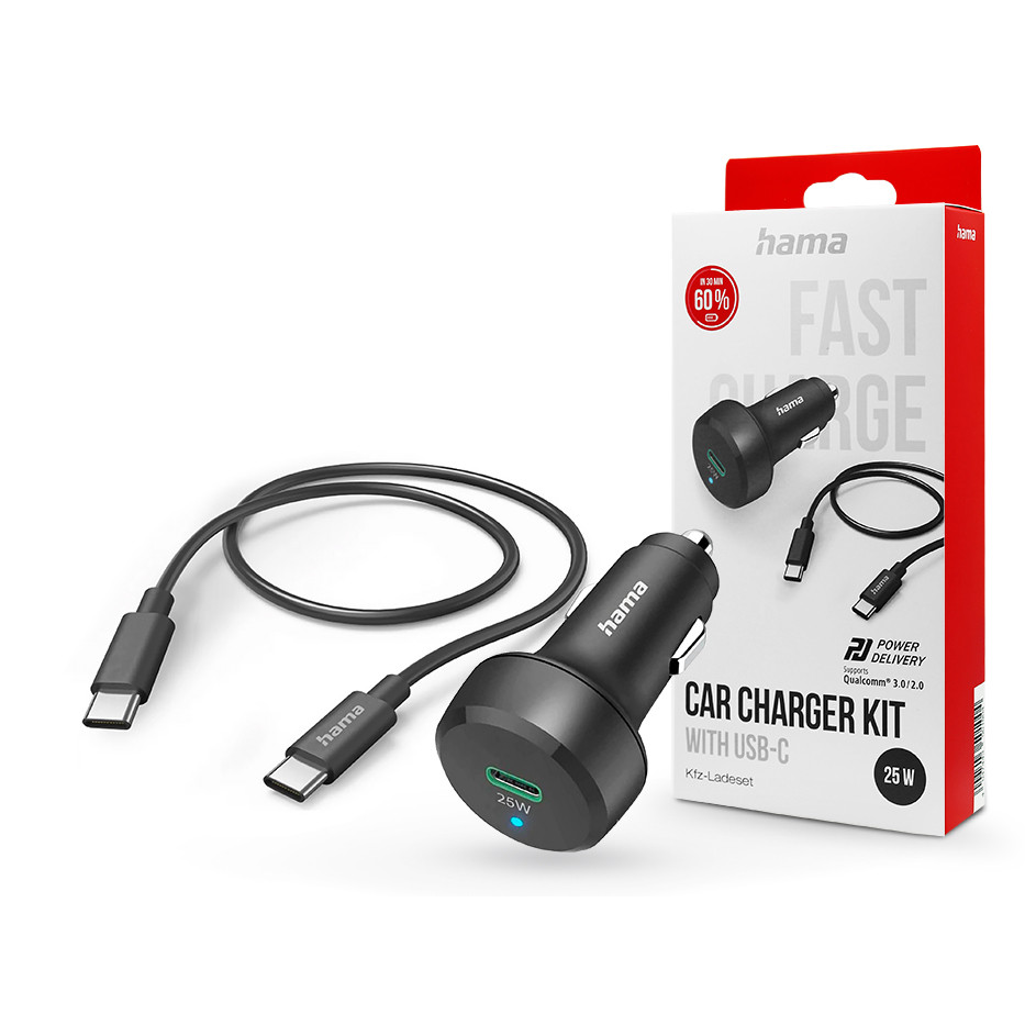 HAMA szivargyújtó töltő adapter Type-C bemenettel + Type-C - Type-C kábel - 25W - HAMA Car Charger Kit with USB-C - fekete (201614)