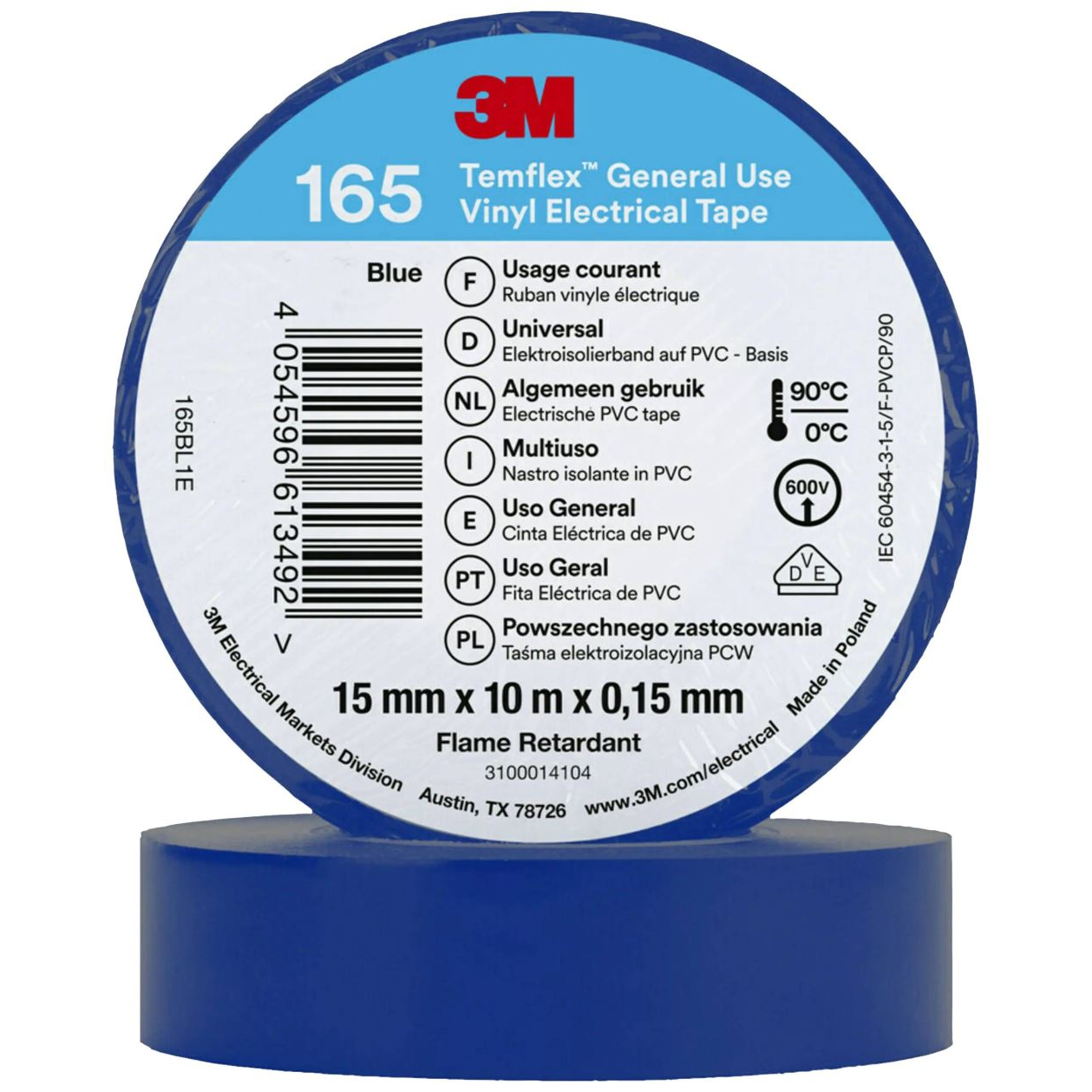 3M Temflex 165 165BL1E vinil szigetelőszalag, kék, 10 m x 15 mm (165BL1E)