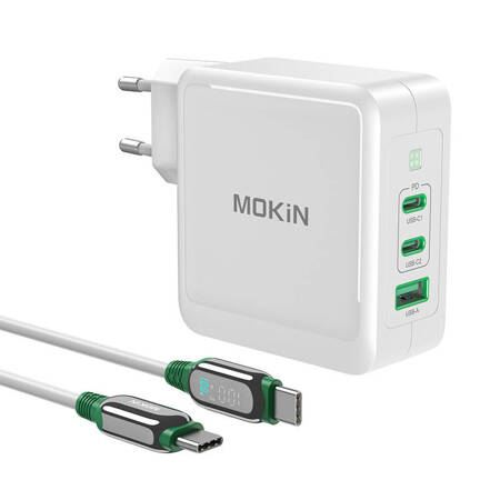 MOKiN PD140W 2C1A GaN 2xUSB-C és 1xUSB-A hálózati töltő, USB-C - USB-C kábellel 1.2m (PA0701) (PA0701)