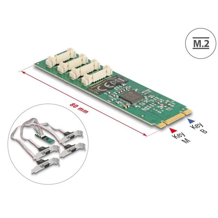 Delock M.2 kártya - 4 x soros RS-232 DB9 standard alacsony profilú csatlakozóval (95269) (del95269)