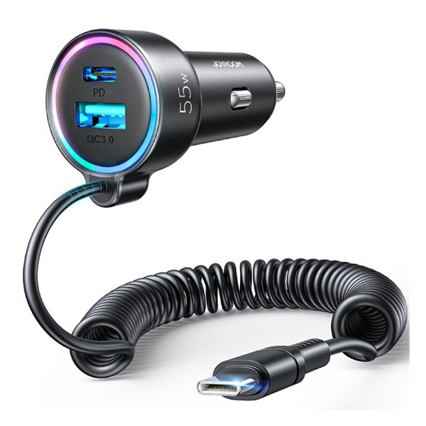 JOYROOM autós töltő USB aljzat / Type-C aljzat (5V/3000mA, 55W, PD gyorstöltés támogatás + beépített Type-C kábel) FEHÉR (JR-CL07)