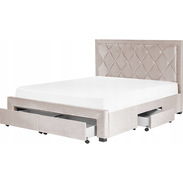 Cama Con Almacenaje De Terciopelo Beige 160 X 200 Cm Cajones Cabecero Alto Capitoné Glamuroso Lievin - Beige