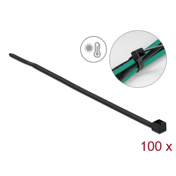 Delock Kábelkötöző ellenáll a forró hőmérsékletnek hossza 100 x szélessége 2,5 mm, 100 db. Fekete (19229) (19229)