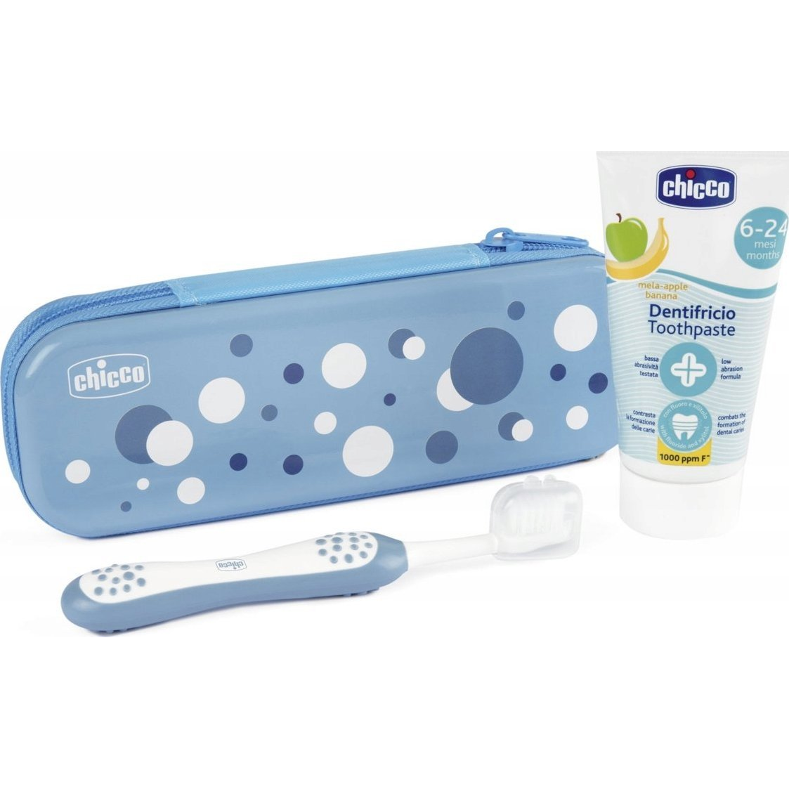 CHICCO Fogkefe És Fogkrém Szett Tokban Always Smiling - Light Kék, 6m+ (CHIC-6593)