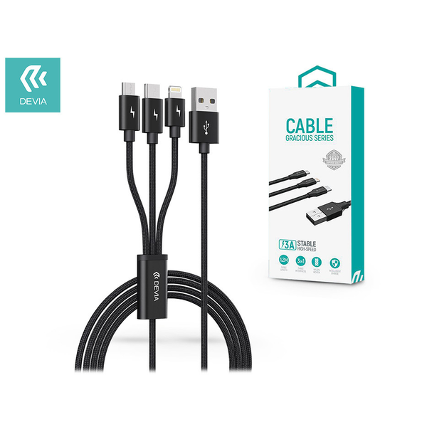 Devia USB töltőkábel 1,2 m-es vezetékkel - Devia Gracious Series 3in1 f         or Lightning/microUSB/Type-C - 5V/3A - black