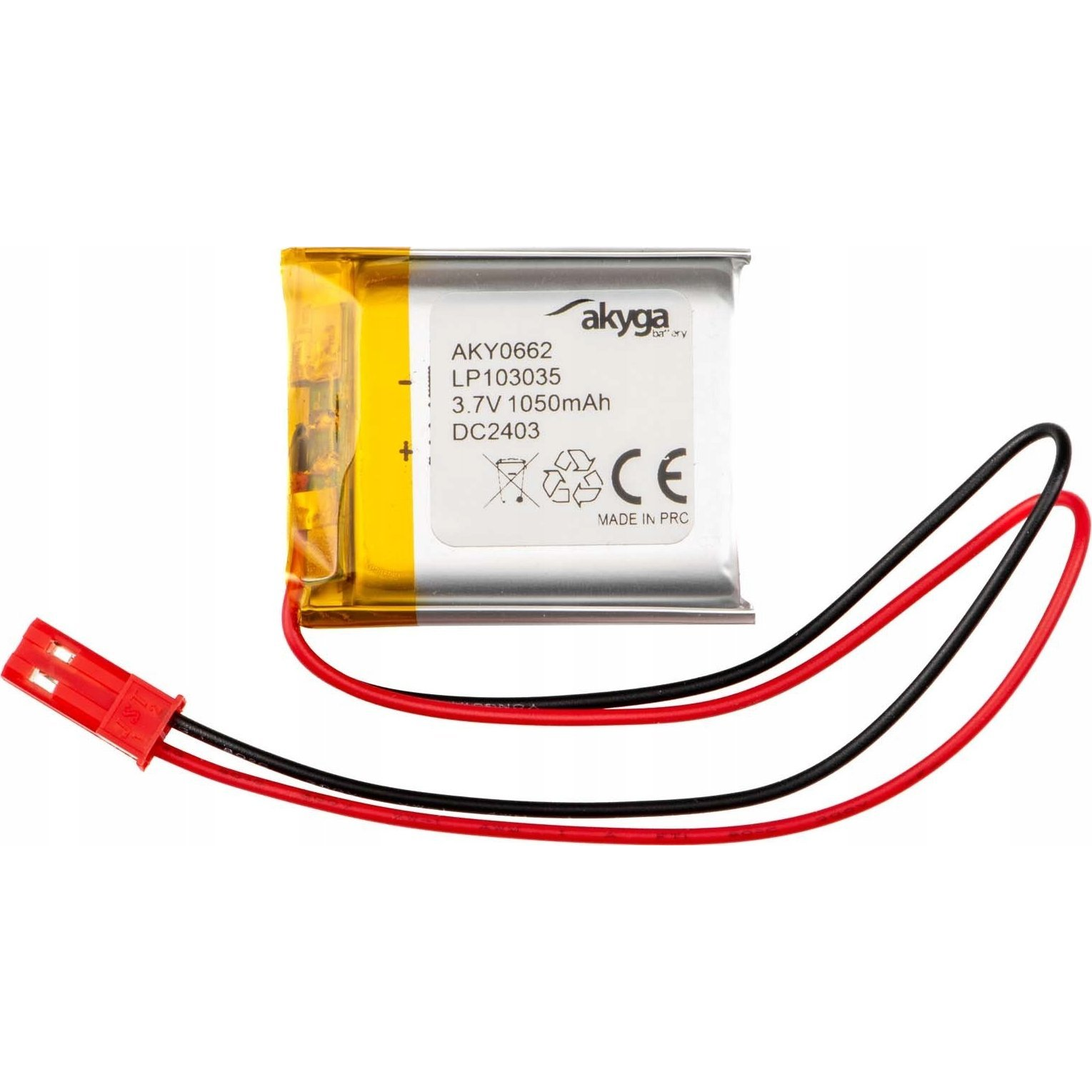 Lithium Polymer Battery Akyga AKY0662 LP103035 Li-Po 3.7V/1050mAh PCM JST 2.54 2-Pin Connector 150mm (AKY0662)