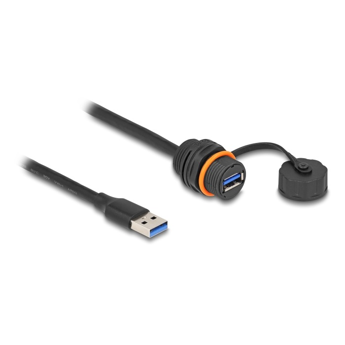 Delock USB 5 Gbps kábel A-típusú apa A-típusú anya csatlakozó M20 cérnás installációhoz és védőkupakkal IP68 por és vízhatlan 60 cm fekete (88149) (88149)
