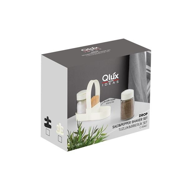 IRIS C-00467 Drop üveg fűszerszóró szett tartóval, 2 darabos 2*100ml, dobozos, fekete vagy elfántcsont színű (C-00467)