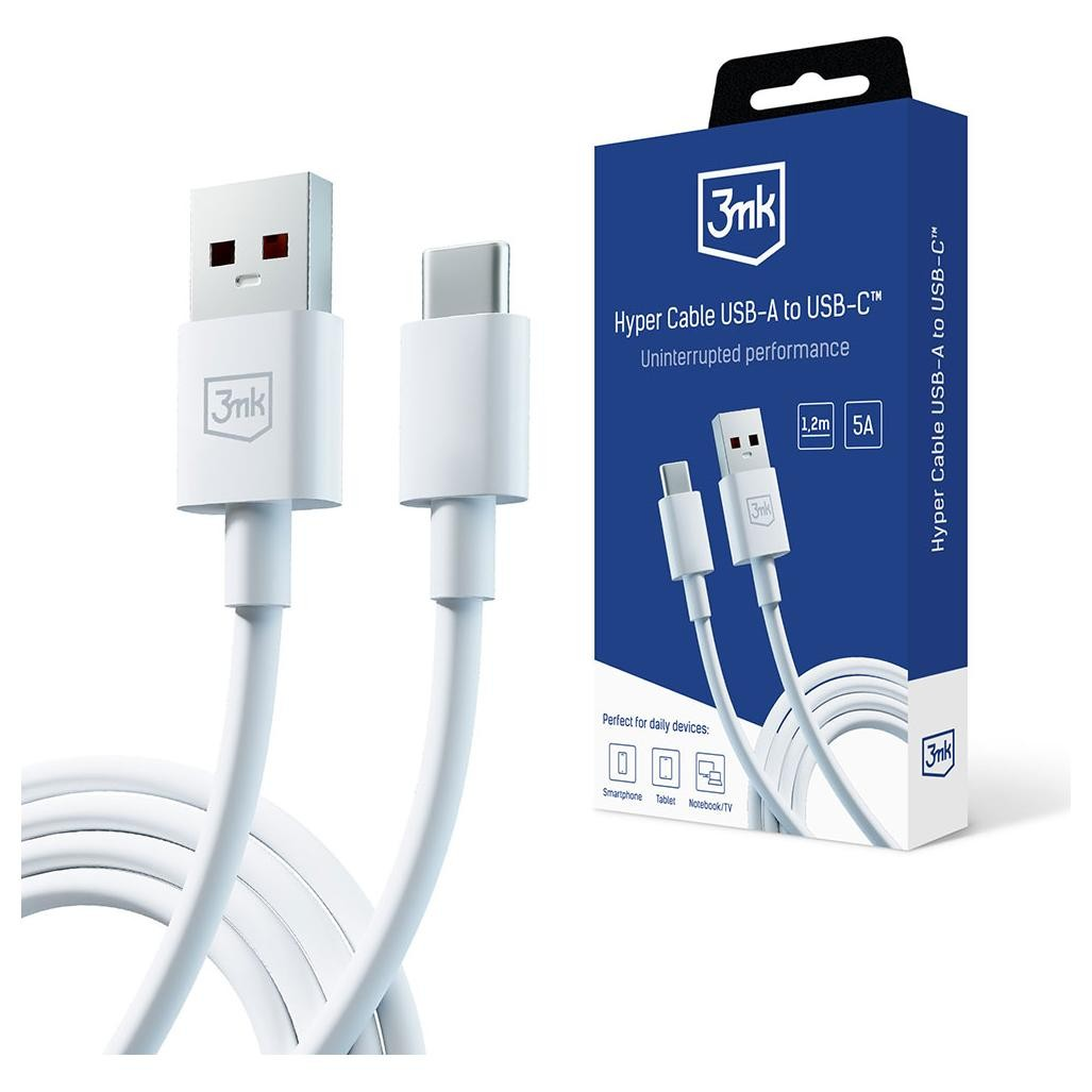 3mk Hyper USB-A apa - USB-C apa töltő/adat kábel - Fehér (1.2m) (5903108527262)