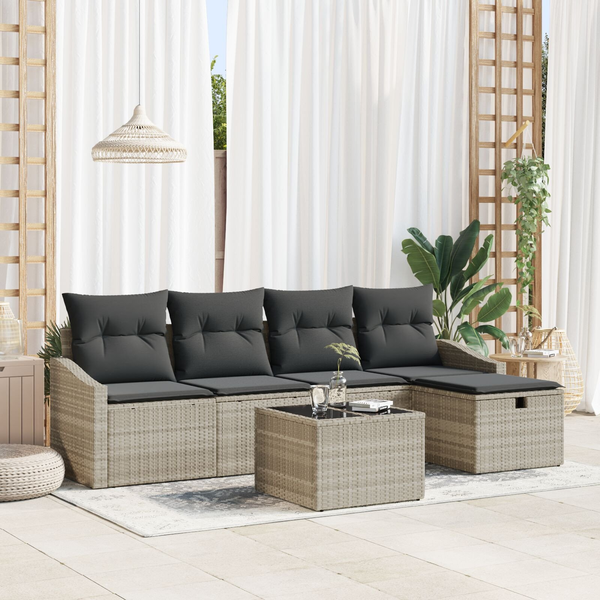 Conjunto De Sofá De Jardín  De 6 Piezas Con Cojines Gris Claro De Polirratán V4743 Unico / Beige