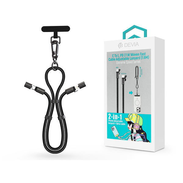 Devia Extreme Speed Series Woven 27W PD Type-C/Lightning adat-és töltőkábel +   nyakpánt 1.6m - fekete