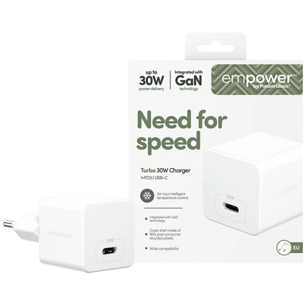 PanzerGlass empower™ by ® Turbo 30W Charger Single USB-C | EU Plug | Silver White Smartphone AC Ricarica rapida Interno
