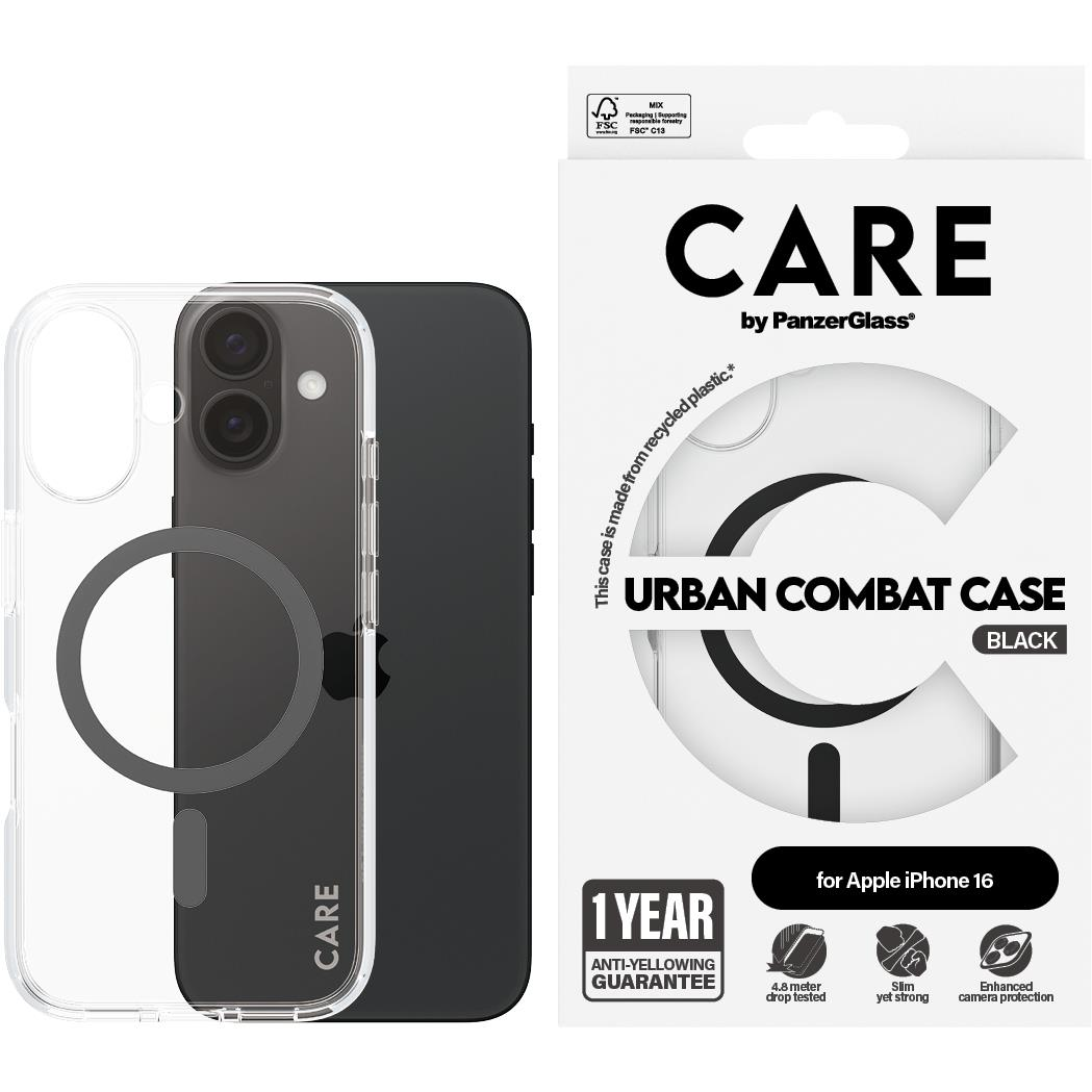 PanzerGlass CARE Apple iPhone 16 MagSafe Urban Combat átlátszó/fekete nem sárguló tok (1345)