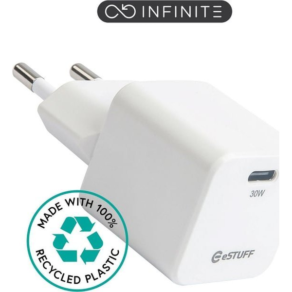 eSTUFF INFINITE polnilnik USB-C 30W GaN bel, reciklirana plastika