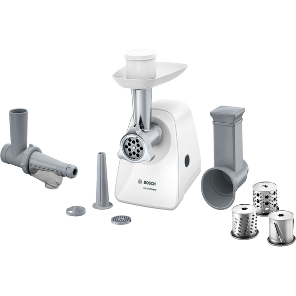 Месомелачка Bosch MFW2517W, 1,7 кг / мин, 2 сита: 3,8 / 8 мм, 3 приставки за нарязване, Бял