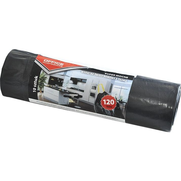  Office Products Worki na śmieci domowe z taśmą OFFICE PRODUCTS, super mocne (LDPE), 120l, 10szt., czarne