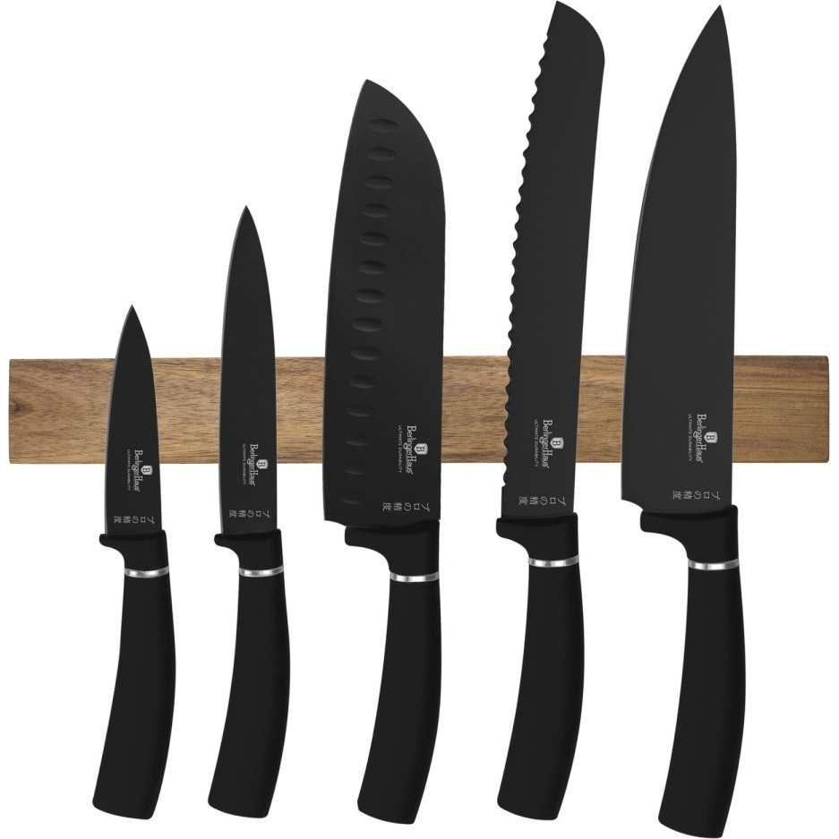 BerlingerHaus BH/2885 Matte Black Collection 6 Részes Késkészlet - Akácfa, Mágneses Akasztóval, Rozsdamentes Acél, Matt Fekete (BH-2885)