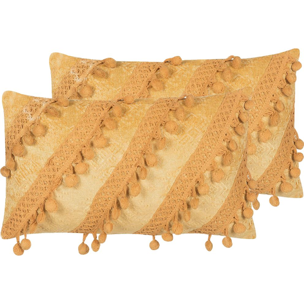 Conjunto De 2 Cojines Decorativos Amarillos Con Borlas 30 X 50 Cm Accesorios De Decoración Boho Retro A Rayas Ayroor - Amarillo