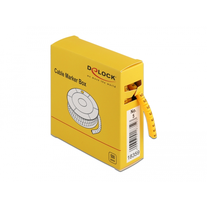 Delock No.5 500db sárga kábeljelző 4-től 5mm-es átmérőjű kábelekhez, praktikus adagoló dobozban (18359) (delock18359)