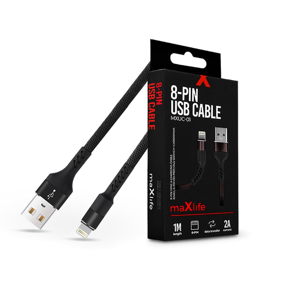 Maxlife USB - Lightning adat- és töltőkábel 1 m-es szövet vezetékkel - Maxlife MXUC-01 8-PIN USB Cable - 5V/2A - fekete