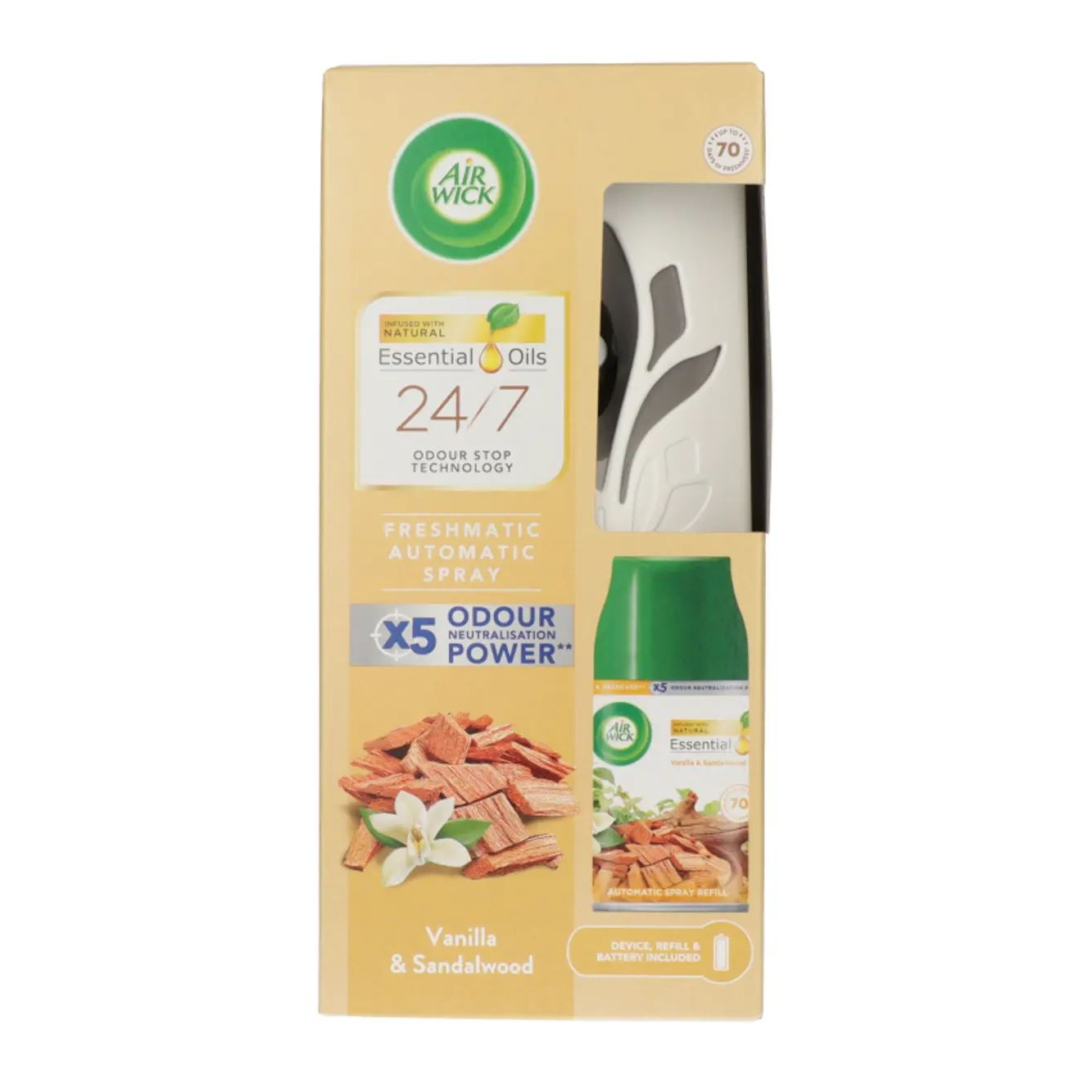 Air Wick illatosító készülék + Freshmatic Vanilla&Sandalwood utántöltő 250 ml (5999109544032)