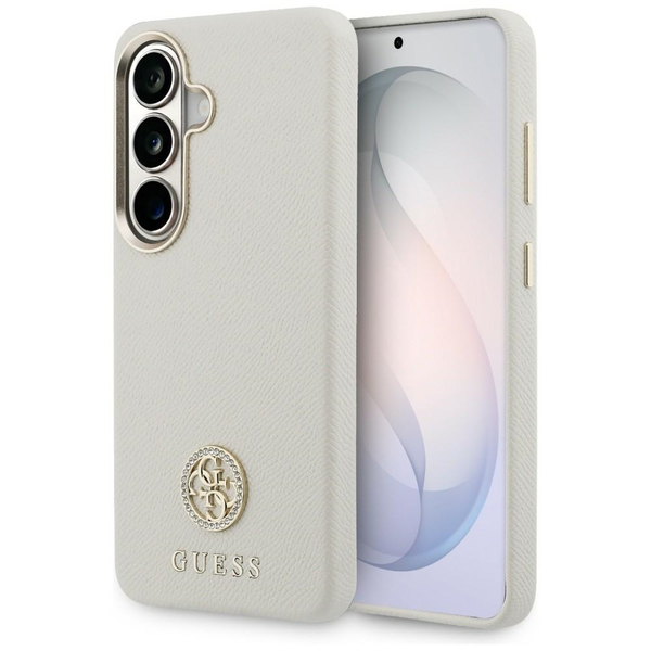GUESS Rhinestone Round Logo MagSafe mágneses tok Samsung Galaxy S26 bézs SP113785
