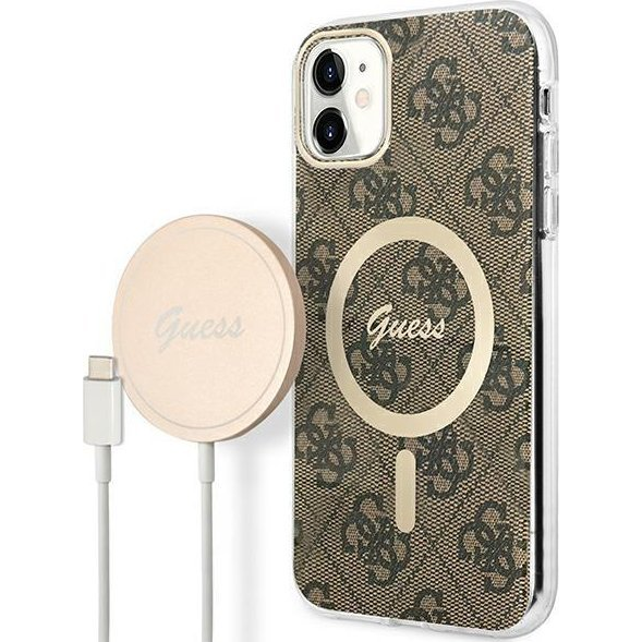 Комплект безжично зарядно устройство и кейс Guess GUBPN61H4EACSW за iPhone 11 6.1", кафяв, кафяв, твърд, съвместим с MagSafe, 4G Print