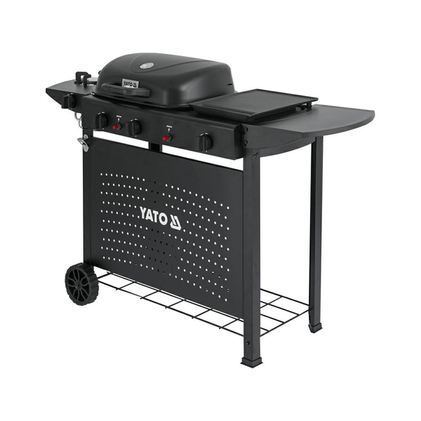 YATO ZAHRADNÍ PLYNOVÝ GRIL 4 HOŘÁKY 11KW 3V1 ČERNÝ VELKÝ ROŠT 48x37cm