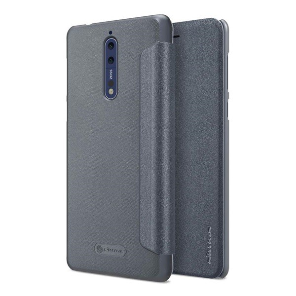 NILLKIN SPARKLE műanyag telefonvédő (bőr hatású FLIP, oldalra nyíló) FEKETE [Nokia 8] (5996457735112)