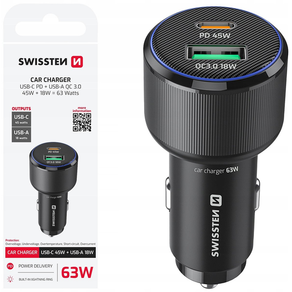 Cargador De Coche De Carga Rápida 63w Usb-c Power Delivery 45w Y Usb 3.0 18w