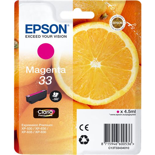 Epson Oranges C13T33444012 blækpatron 1 stk Original Standard udbytte Gul