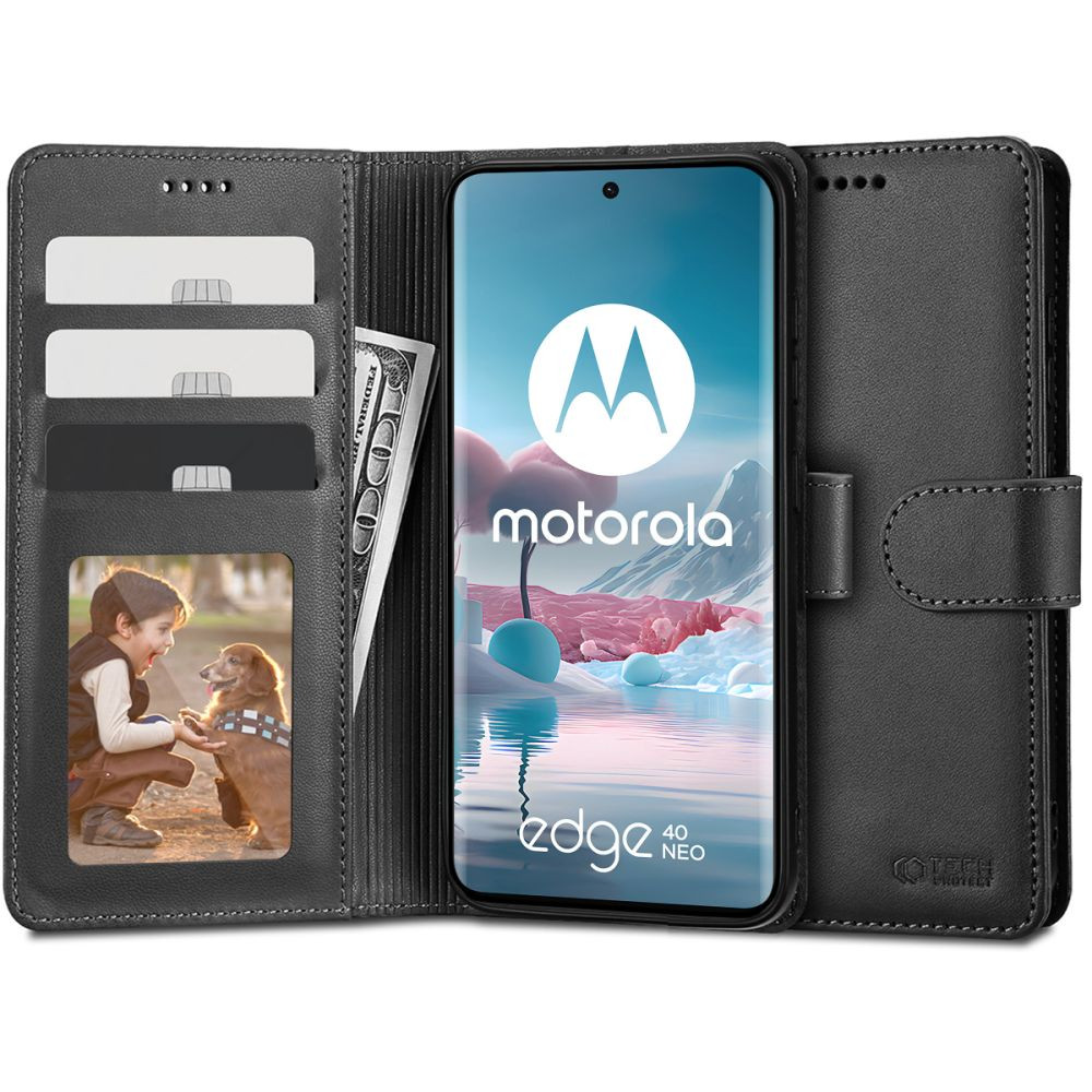 Motorola Edge 40 Neo, Oldalra nyíló tok, stand, mágnes csattal, TP Wallett, fekete (9319456606683)