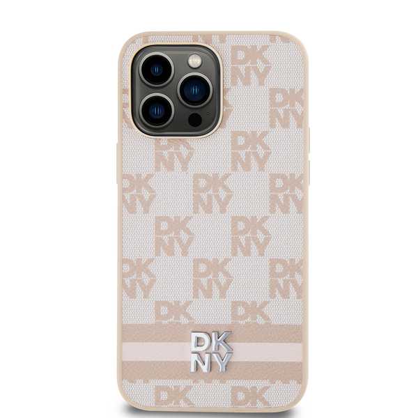 DKNY USNJEN OVITEK V KARIRANEM MONO VZORCU ZA IPHONE 15 PRO MAX ROZA