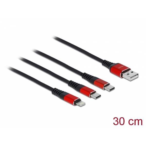 Кабел Delock 86708, За зареждане, 3-в-1, USB-A към Lightning / 2 x USB-C, 0.3 м