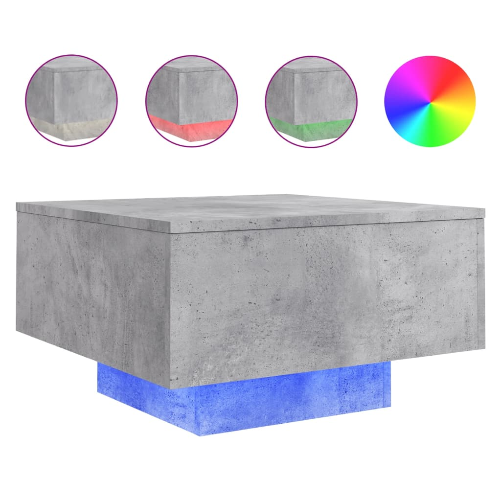 betonszürke dohányzóasztal LED-lámpákkal 55 x 55 x 31 cm (836577)