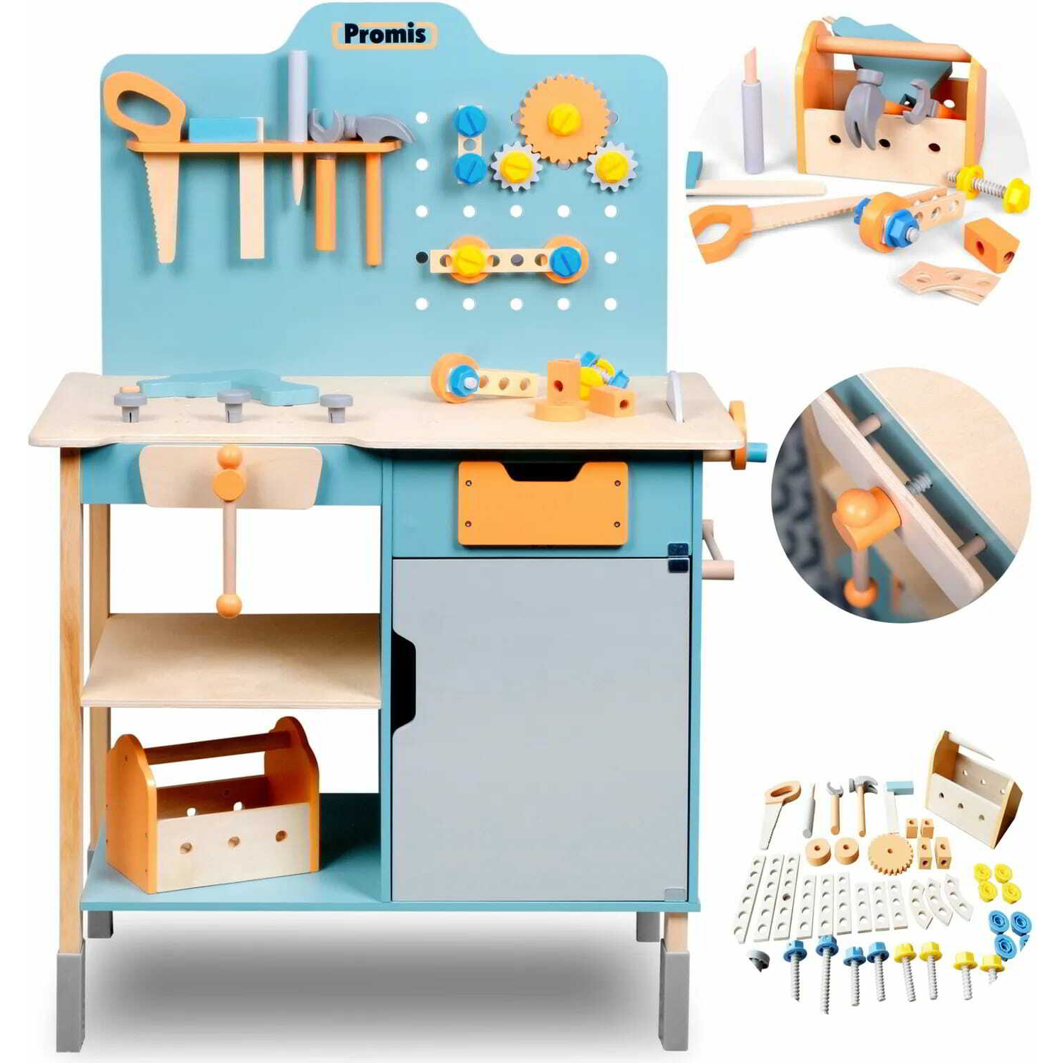 Promis: Fa játék szerelőasztal szerszámokkal 65 darabos készlet (WN100)