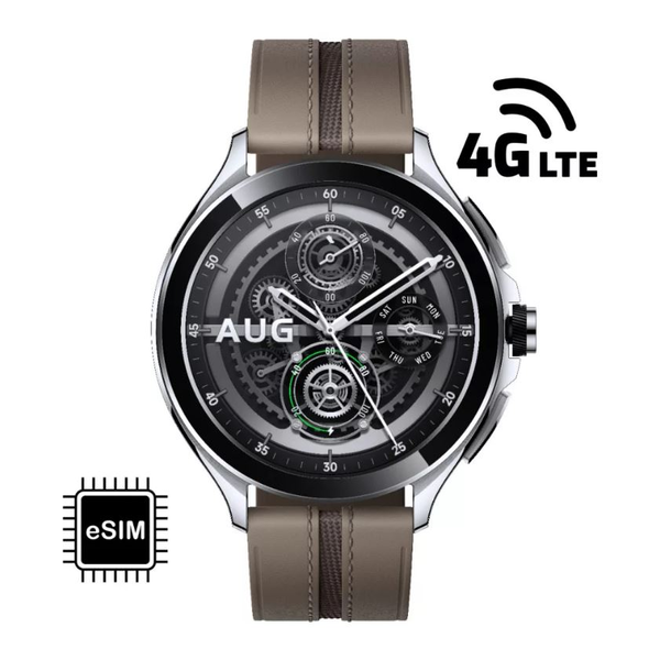 Смарт часовник Xiaomi Watch 2 Pro, 4G LTE, сребрист калъф, кафява кожена каишка