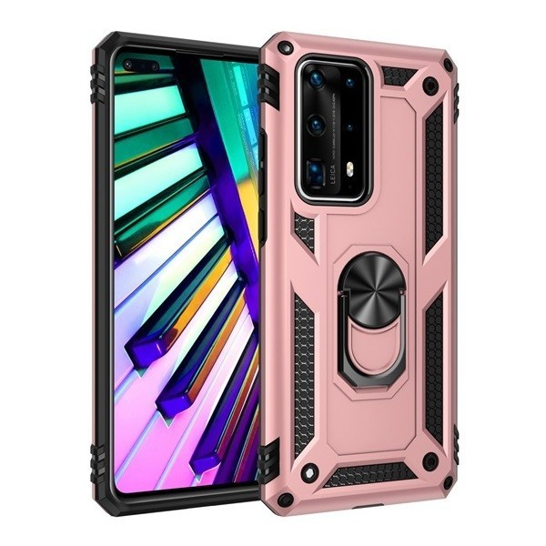 LG K30 (2019), Műanyag hátlap védőtok, közepesen ütésálló, szilikon belső, telefontartó gyűrű, Defender, vörösarany (89634)