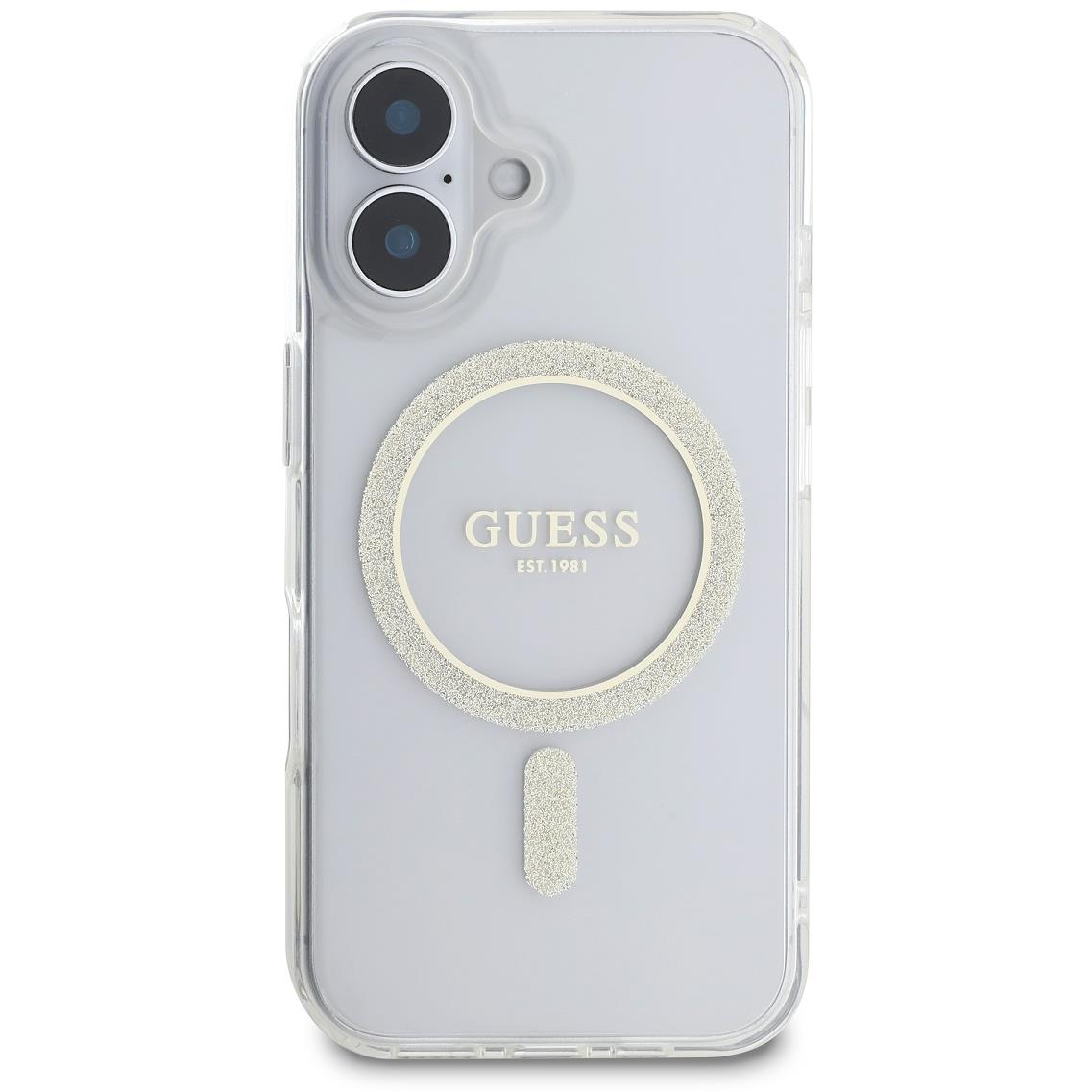 Guess IML Glitter Ring MagSafe iPhone 16 átlátszó tok (GUHMP16SHFGERET)