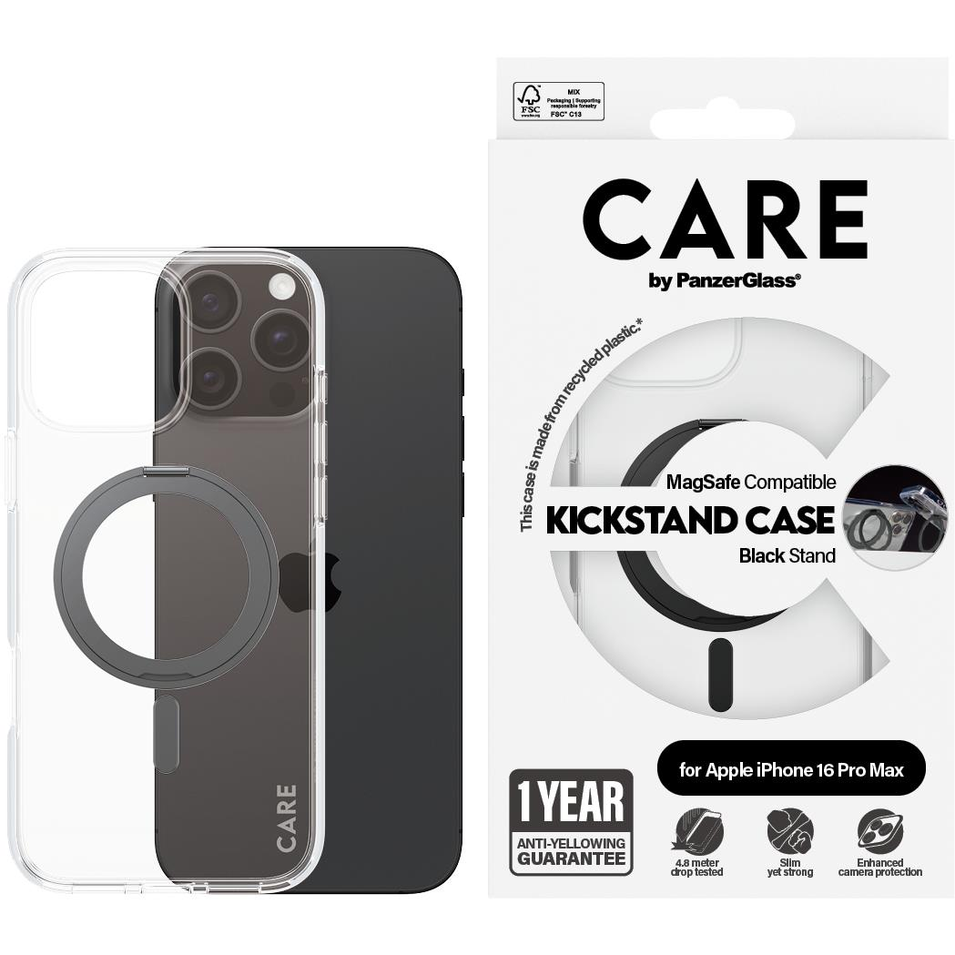 PanzerGlass CARE Apple iPhone 16 Pro Max MagSafe KickStand átlátszó/fekete nem sárguló tok (1324)