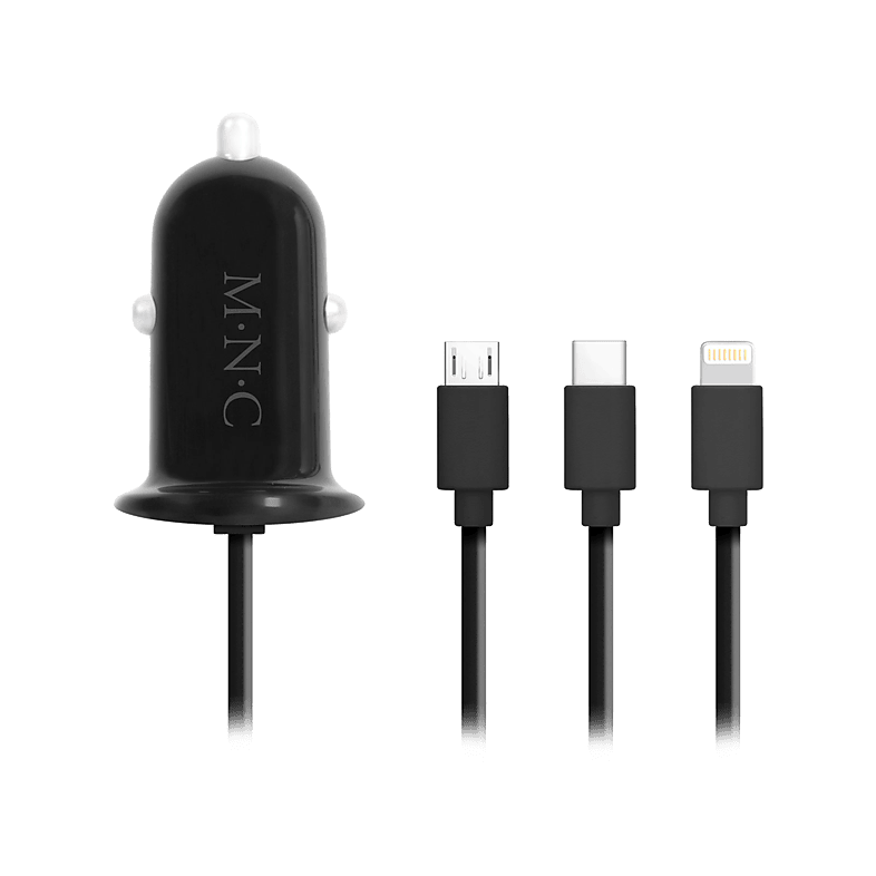M.N.C 54920BK 1x USB Type-A Autós töltő + Lightning/USB Type-C/microUSB kábel - Fekete (3.1A) (54920BK)