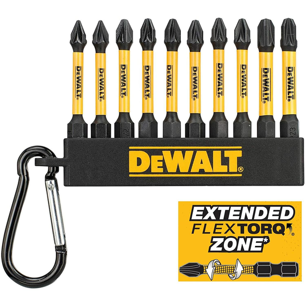 DEWALT Bithegy Készlet Karabínerrel 10 Részes 1/4" Hex PZ1x2, PZ2x6, PZ3x2 / 57 mm FLEXTORQ