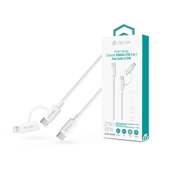 Devia Smart Series 60W+27W PD Type-C/Type-C + Lightning adat- és töltőkábel 1.2m- fehér