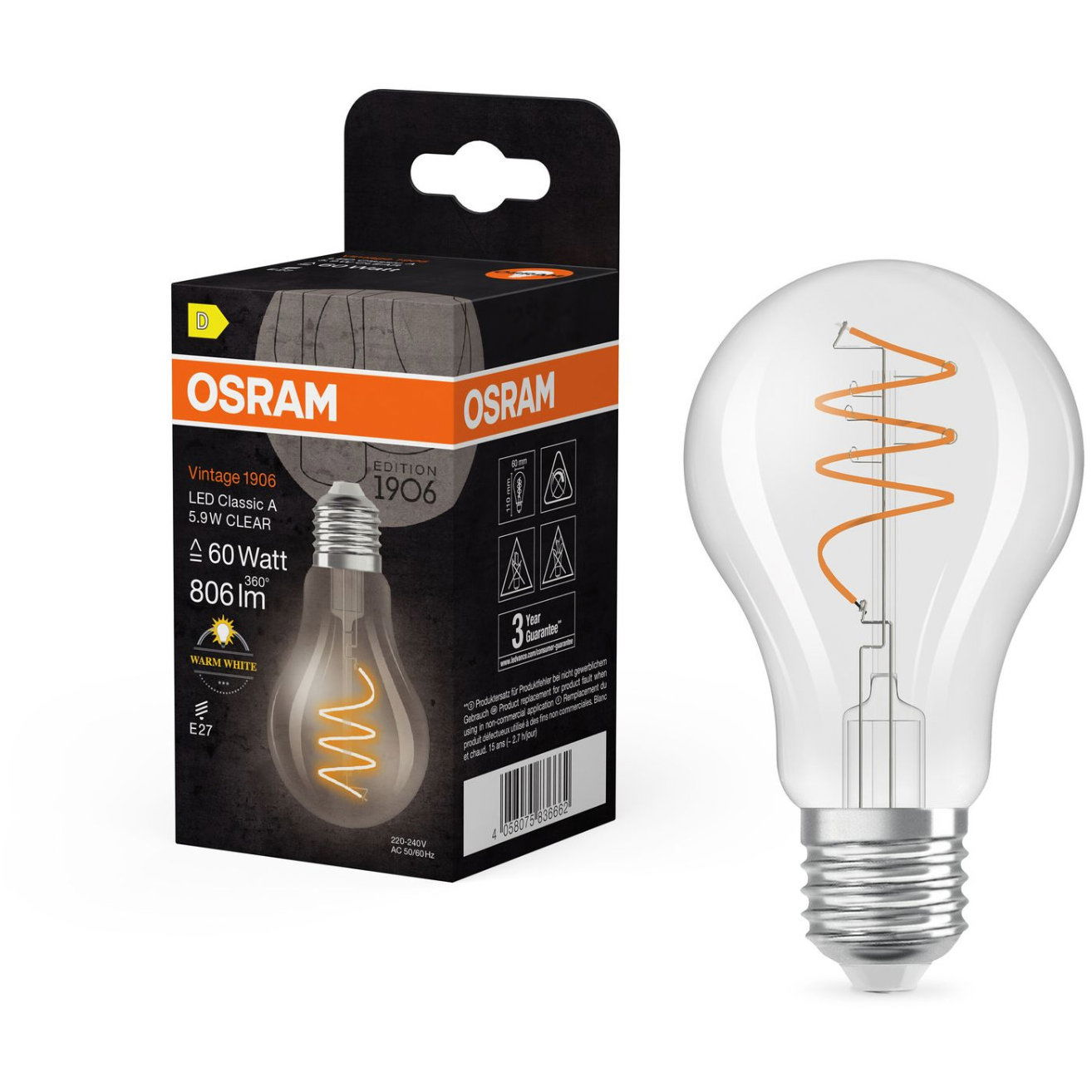 OSRAM LED izzó, átlátszó, E27, 5,9 W, VINTAGE CLASSIC A, meleg fehér (4058075836662)